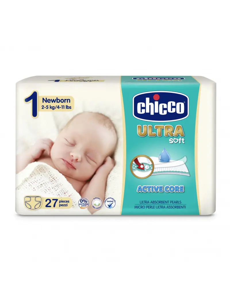 حفاظات تشيكو الترا سوفت لحديثي الولادة "Chicco Ultra Soft Newborn Diapers" (المقاس 1، 2-5 كجم، 27 قطعة)